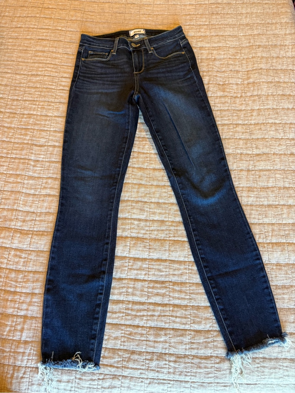 PAIGE Dark Blue Ankle Skinny Jeans with Frayed Hem